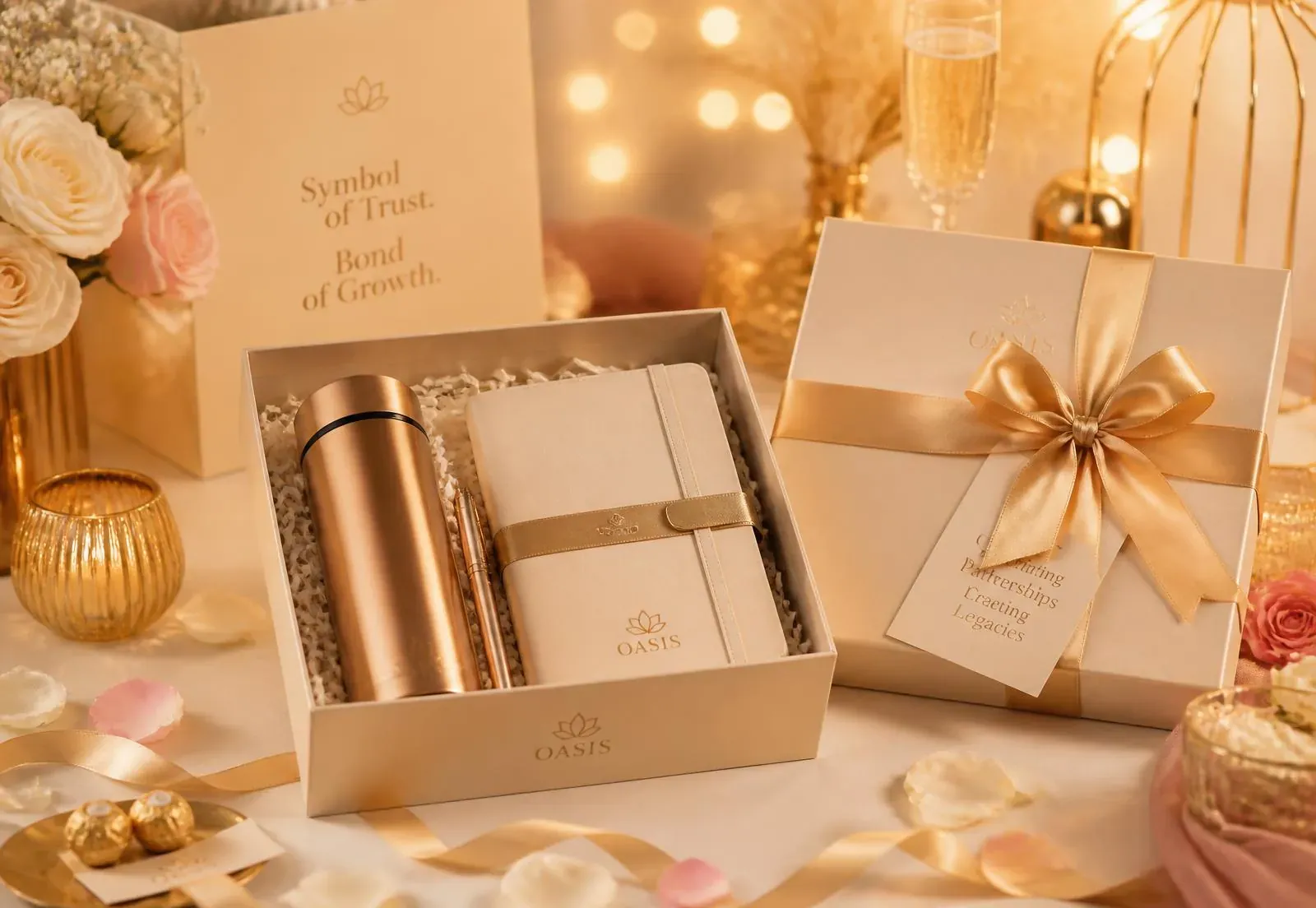 Premium cream and champagne gold corporate gift boxes with satin ribbons on a warm celebration table