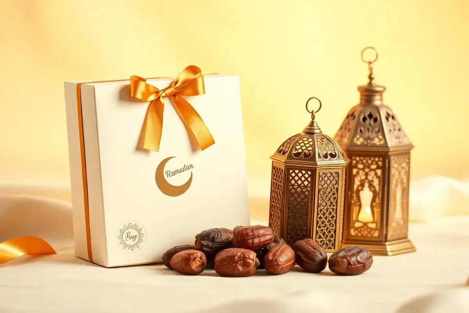 Elegant Ramadan corporate gift set with engraved metal keepsakes and luxury packaging